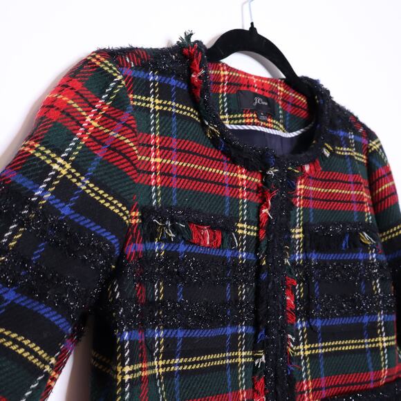 J CREW Lady Jacket Lurex Stewart Tartan Red Black Fringe Open Blazer Women's 4 - Picture 6 of 16